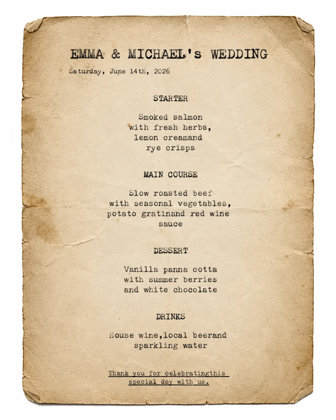 Wedding menu